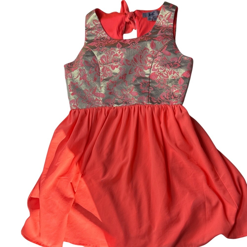 Jolt Girls Coral Pink Gold Metallic Floral Brocade Chiffon Party Dress Size 8